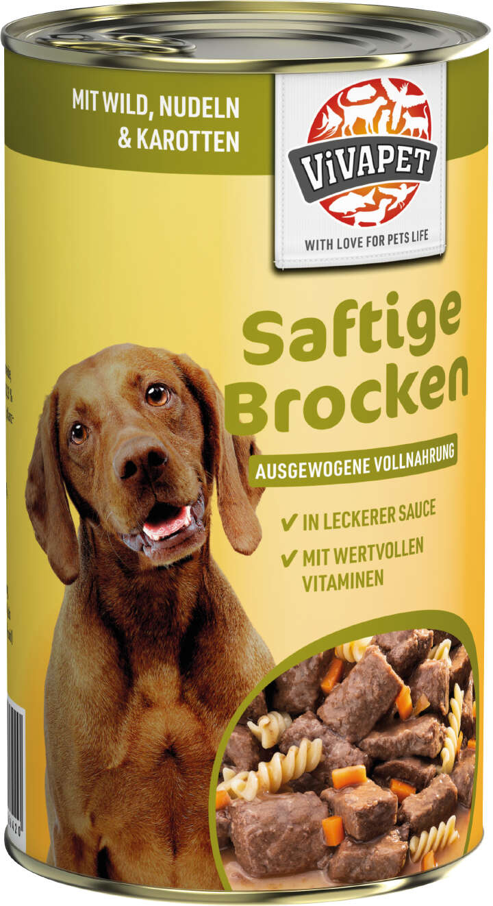 ViVAPET Hunde-Nassfutter Saftige Brocken Wild, Nudeln, Karotten